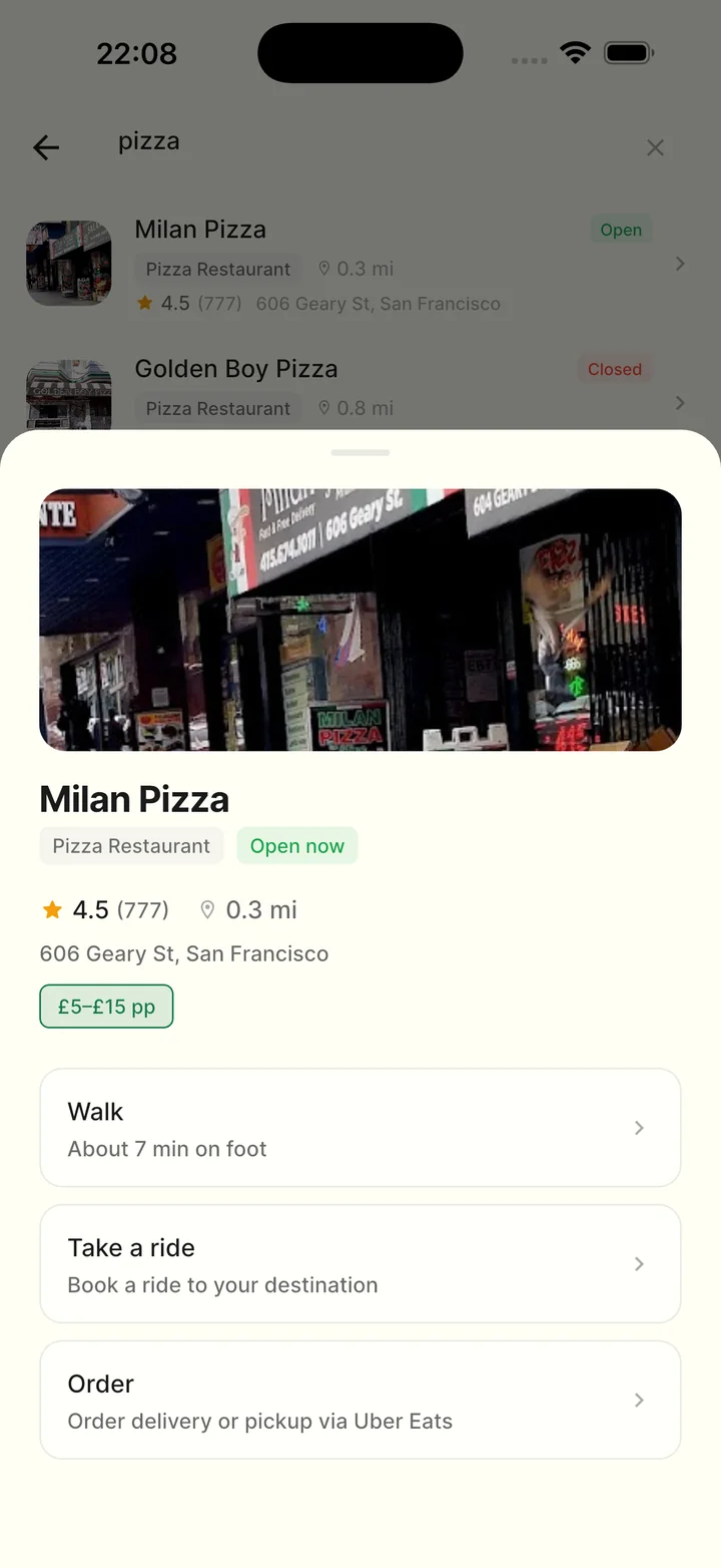 A pizza place with Walk, Take a ride and Order options